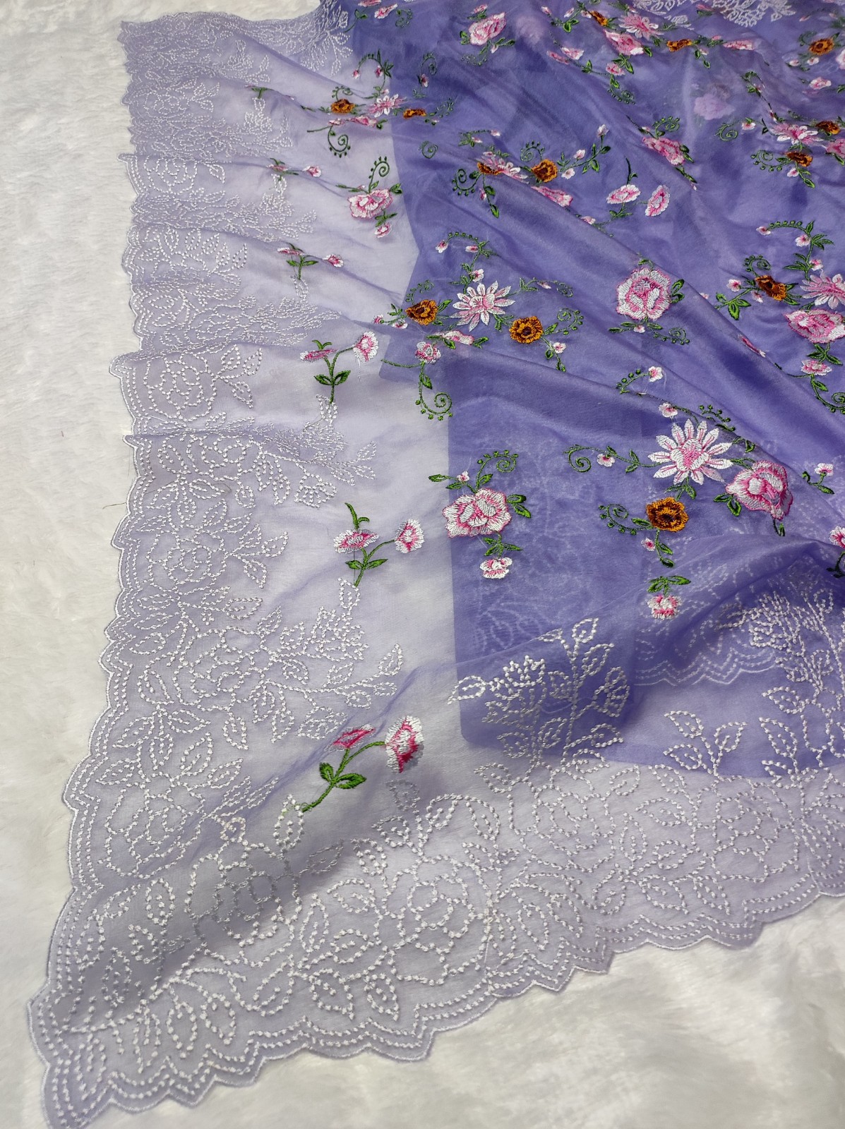 Banarasi Semi Kora Organza Lavender Saree | Meena Embroidery Floral Jaal