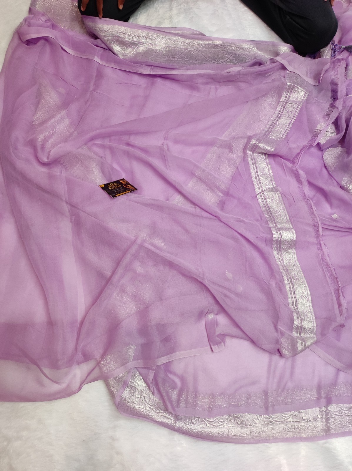 Banarasi Pure Khaddi Chiffon Kaduwa Handloom Saree | Lavender Silver Zari