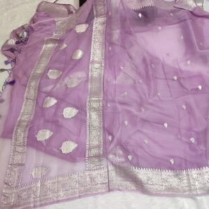 Banarasi Pure Khaddi Chiffon Kaduwa Handloom Saree | Lavender Silver Zari