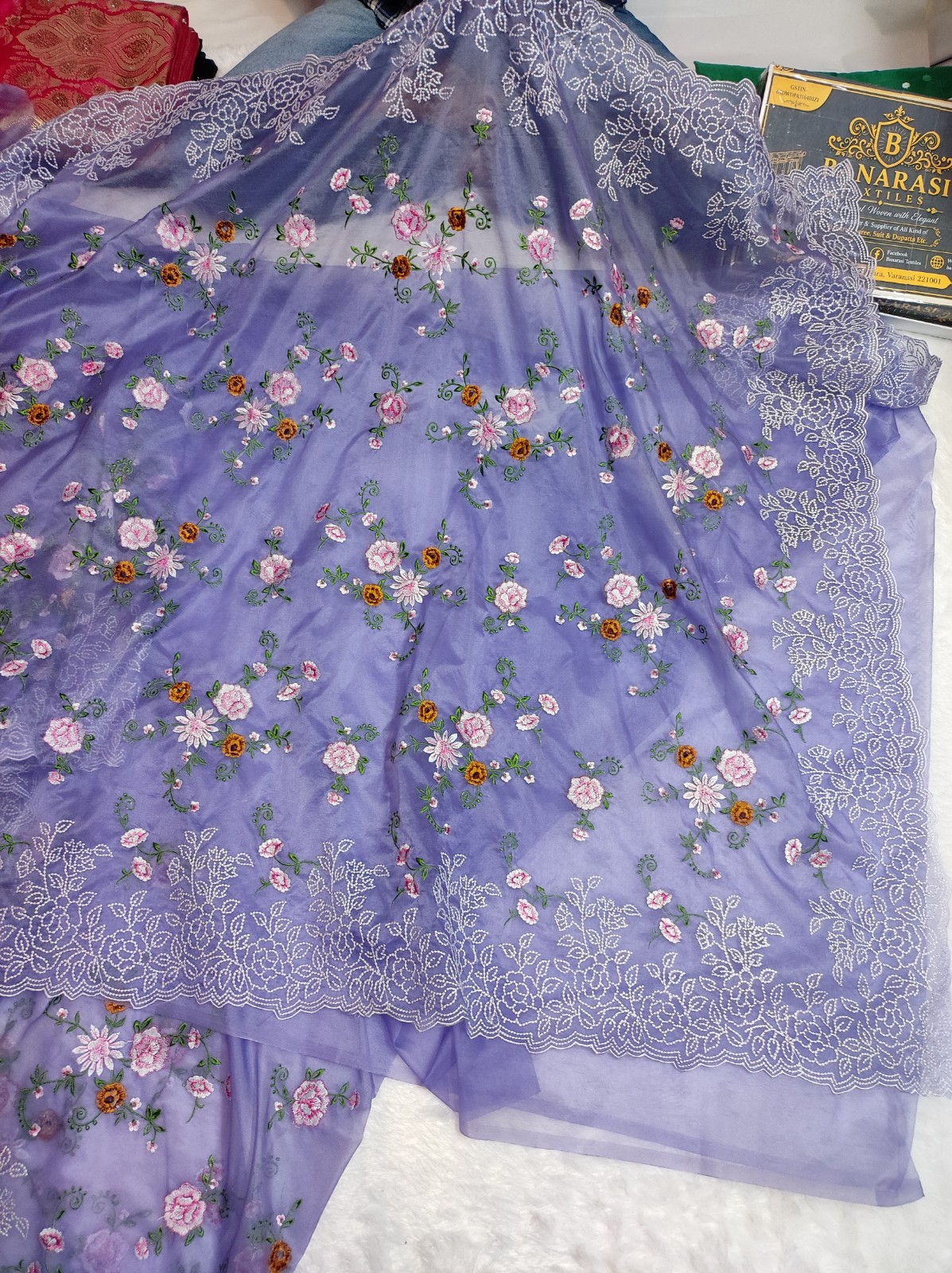 Banarasi Semi Kora Organza Lavender Saree | Meena Embroidery Floral Jaal