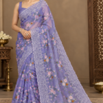 Banarasi Semi Kora Organza Lavender Saree | Meena Embroidery Floral Jaal