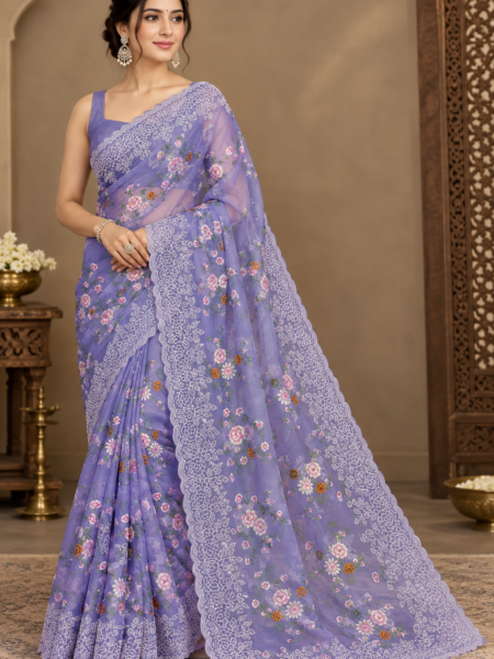 Banarasi Semi Kora Organza Lavender Saree | Meena Embroidery Floral Jaal