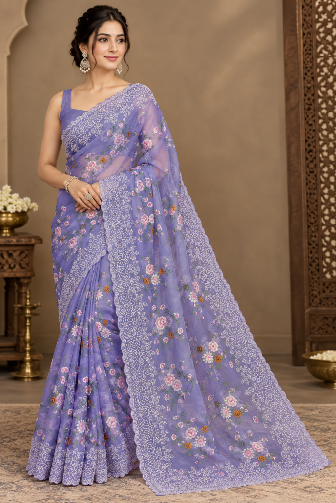 Banarasi Semi Kora Organza Lavender Saree | Meena Embroidery Floral Jaal