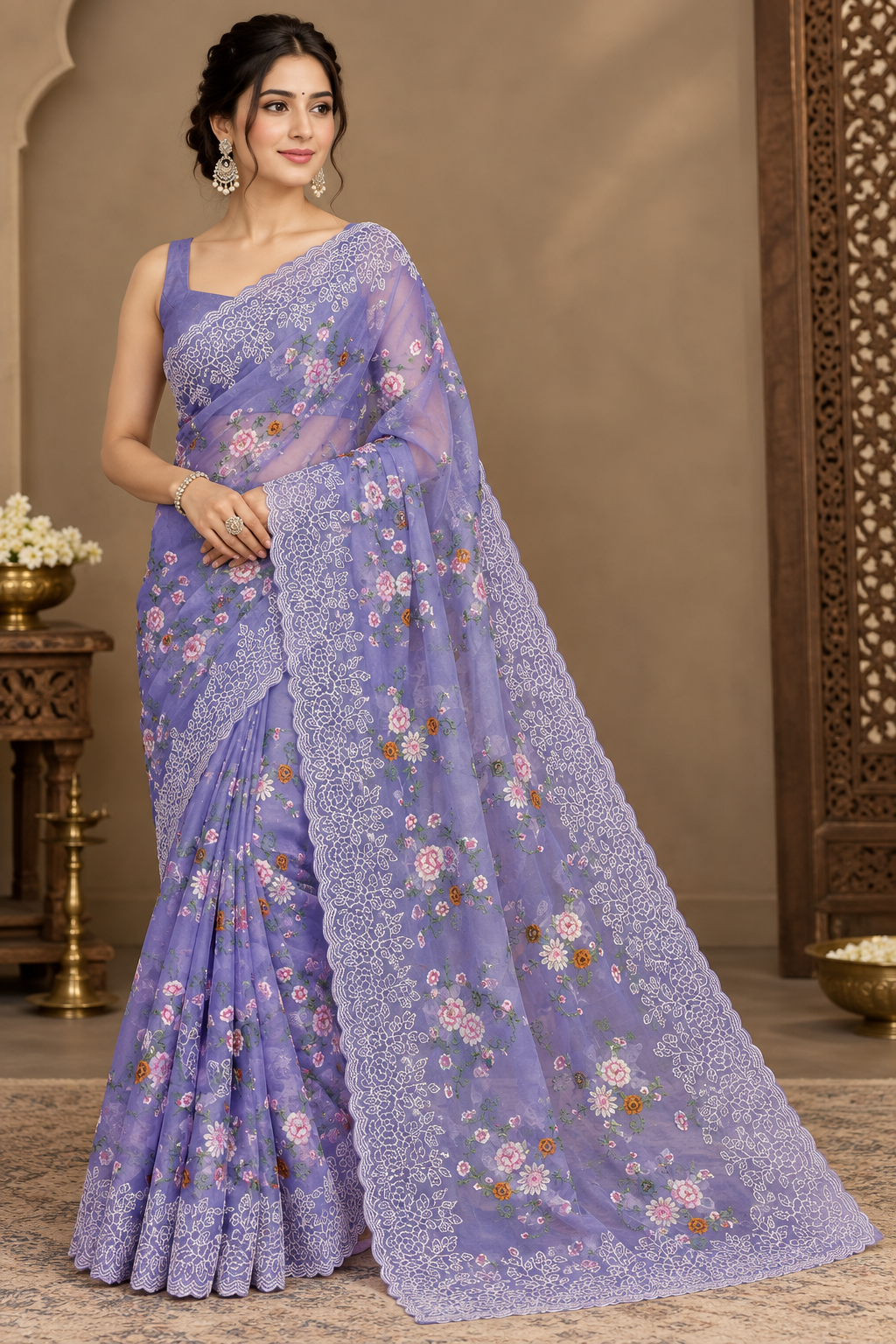 Banarasi Semi Kora Organza Lavender Saree | Meena Embroidery Floral Jaal