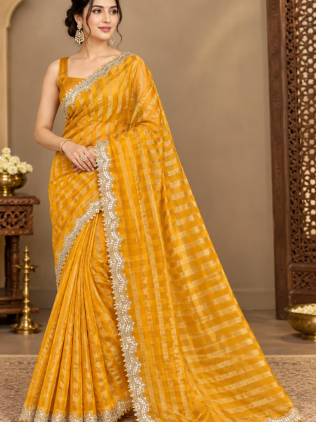Banarasi Semi Tissue Organza Saree with Lace Border & Plain Tissue Blouse