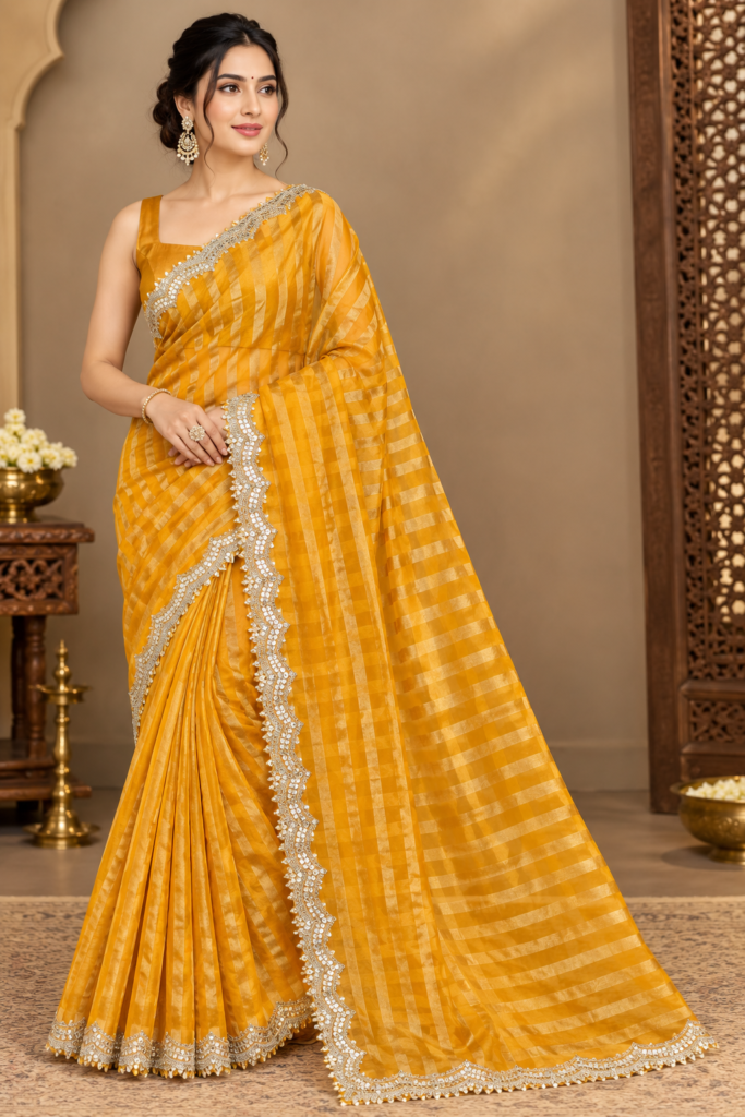 Banarasi Semi Tissue Organza Saree with Lace Border & Plain Tissue Blouse