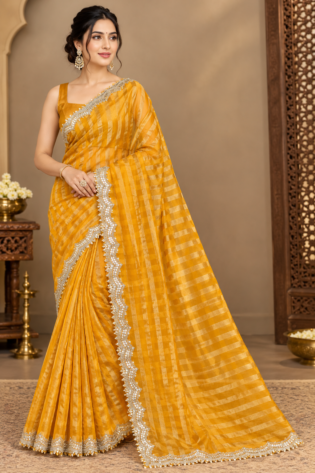 Banarasi Semi Tissue Organza Saree with Lace Border & Plain Tissue Blouse