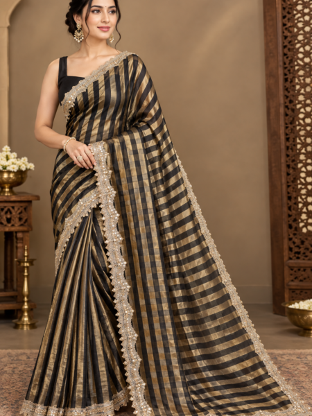 Banarasi Tissue Organza Saree with Lace Border | Black & Gold Striped Saree