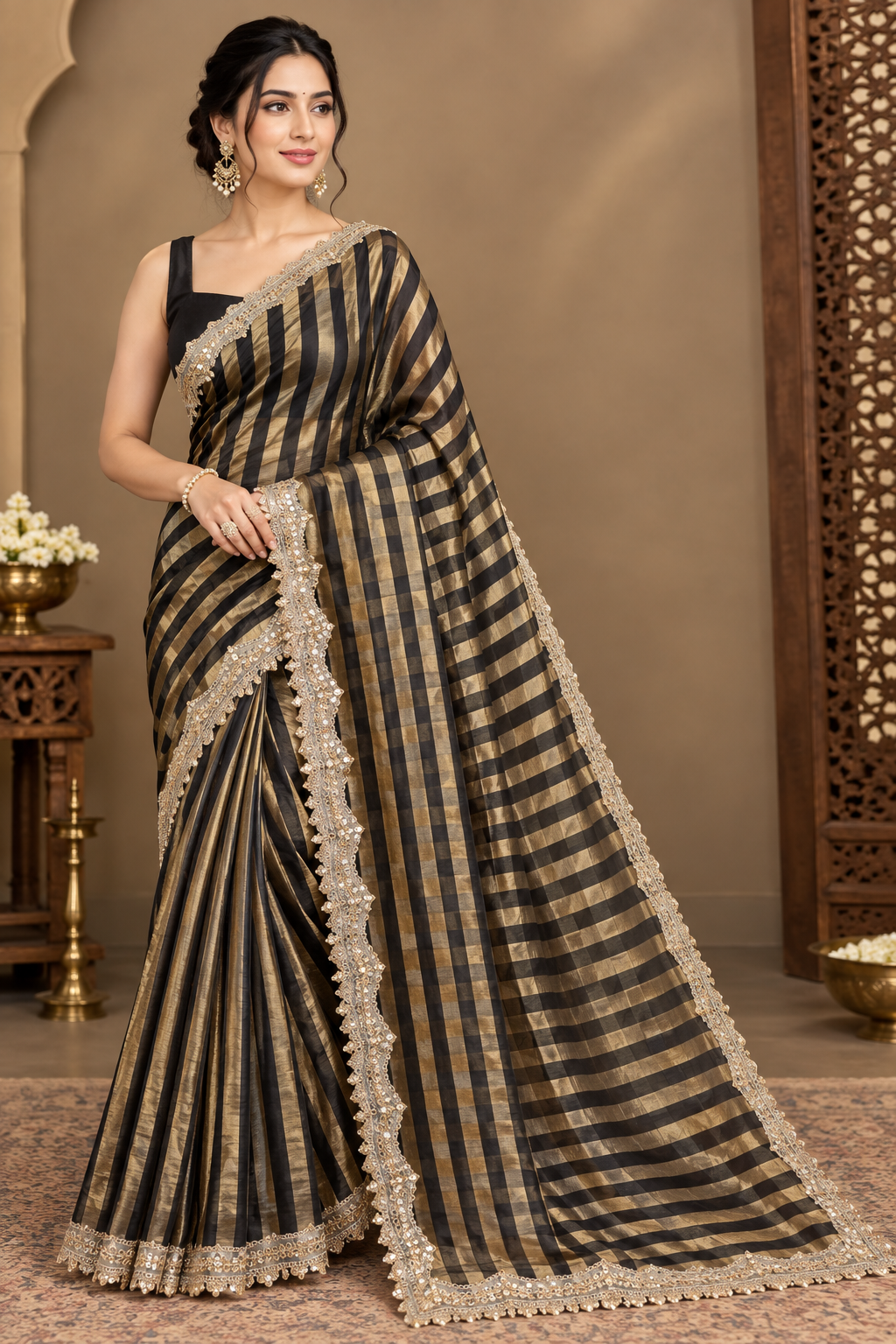 Banarasi Tissue Organza Saree with Lace Border | Black & Gold Striped Saree