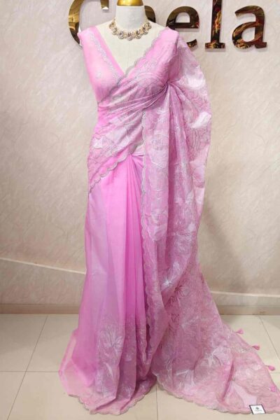 Semi Organza Turkish Embroidery Saree | Pink Floral Embroidered Saree