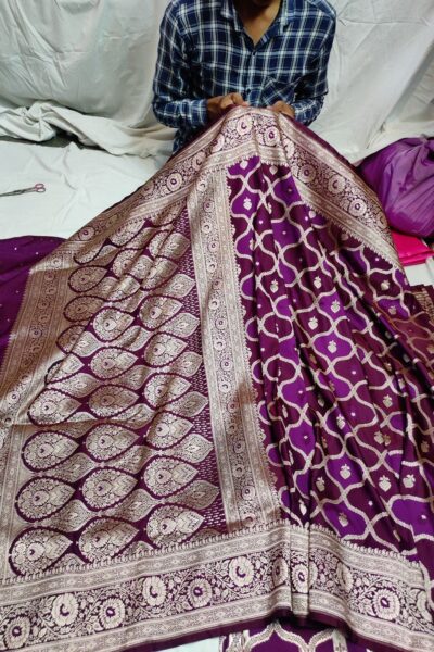 Banarasi Mashru Katan Rangkat Pattern Saree with Rich Zari Jaal, Border & Pallu