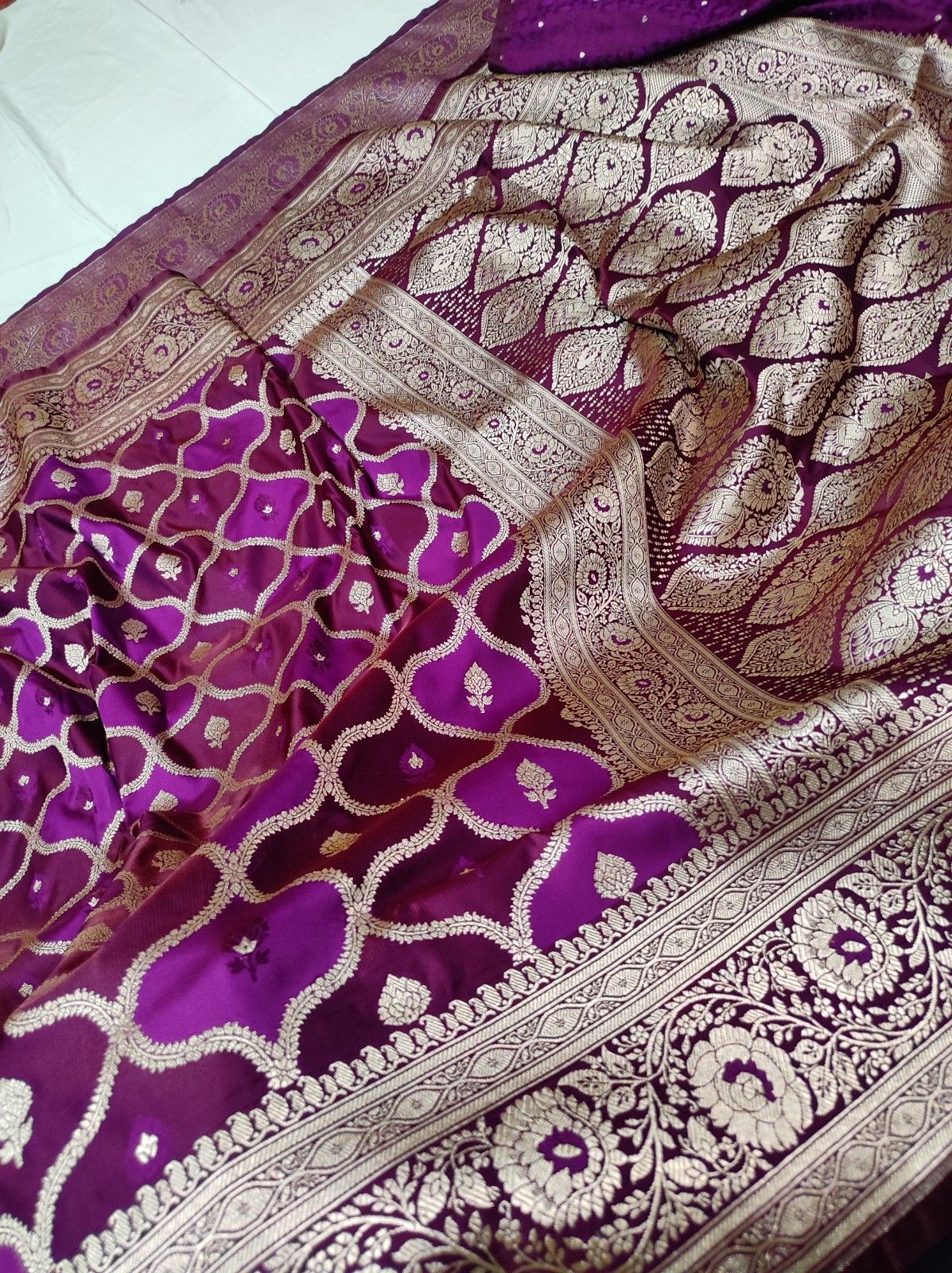 Banarasi Mashru Katan Rangkat Pattern Saree with Rich Zari Jaal, Border & Pallu