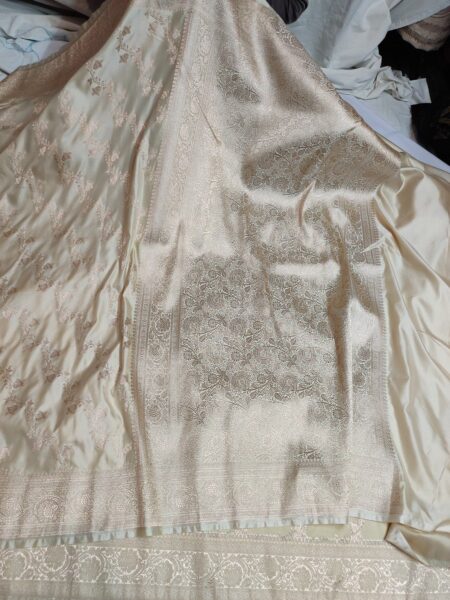 Cream Banarasi Mashru Katan Silk Saree with All Over Zari Buti, Rich Border & Pallu | Banarasi Textiles