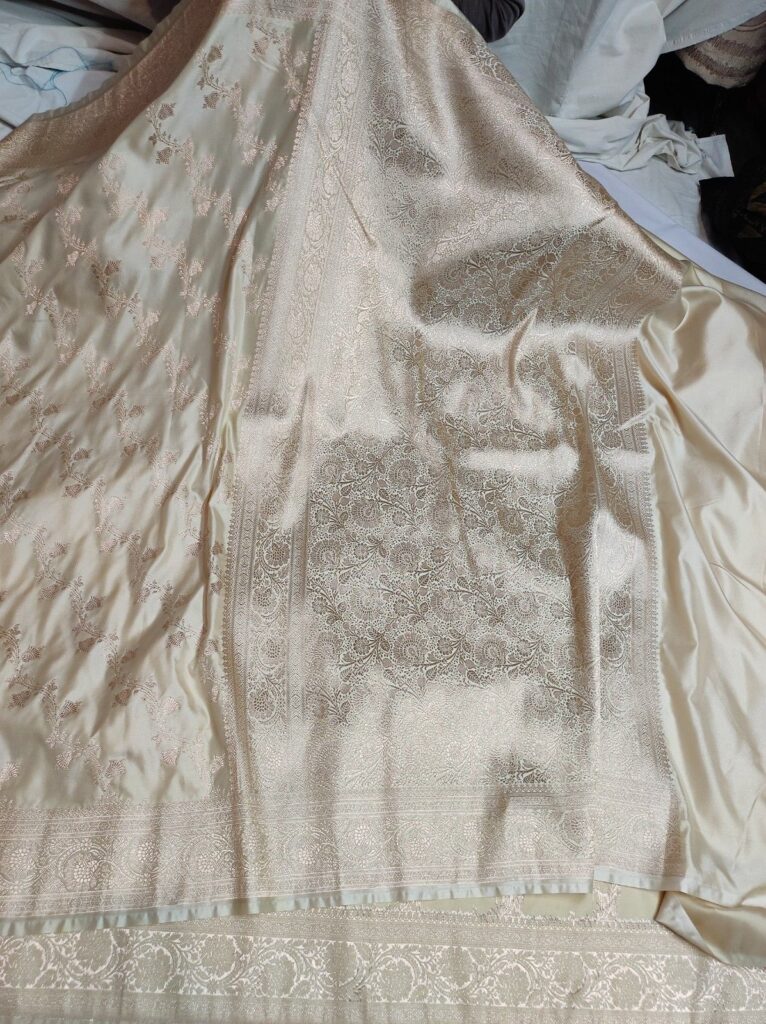 Cream Banarasi Mashru Katan Silk Saree with All Over Zari Buti, Rich Border & Pallu | Banarasi Textiles