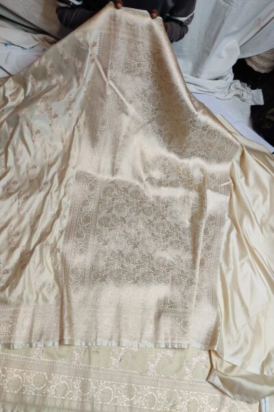 Cream Banarasi Mashru Katan Silk Saree with All Over Zari Buti, Rich Border & Pallu | Banarasi Textiles