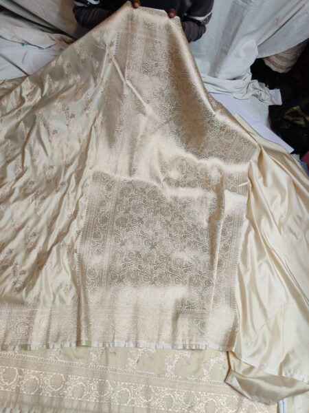 Cream Banarasi Mashru Katan Silk Saree with All Over Zari Buti, Rich Border & Pallu | Banarasi Textiles