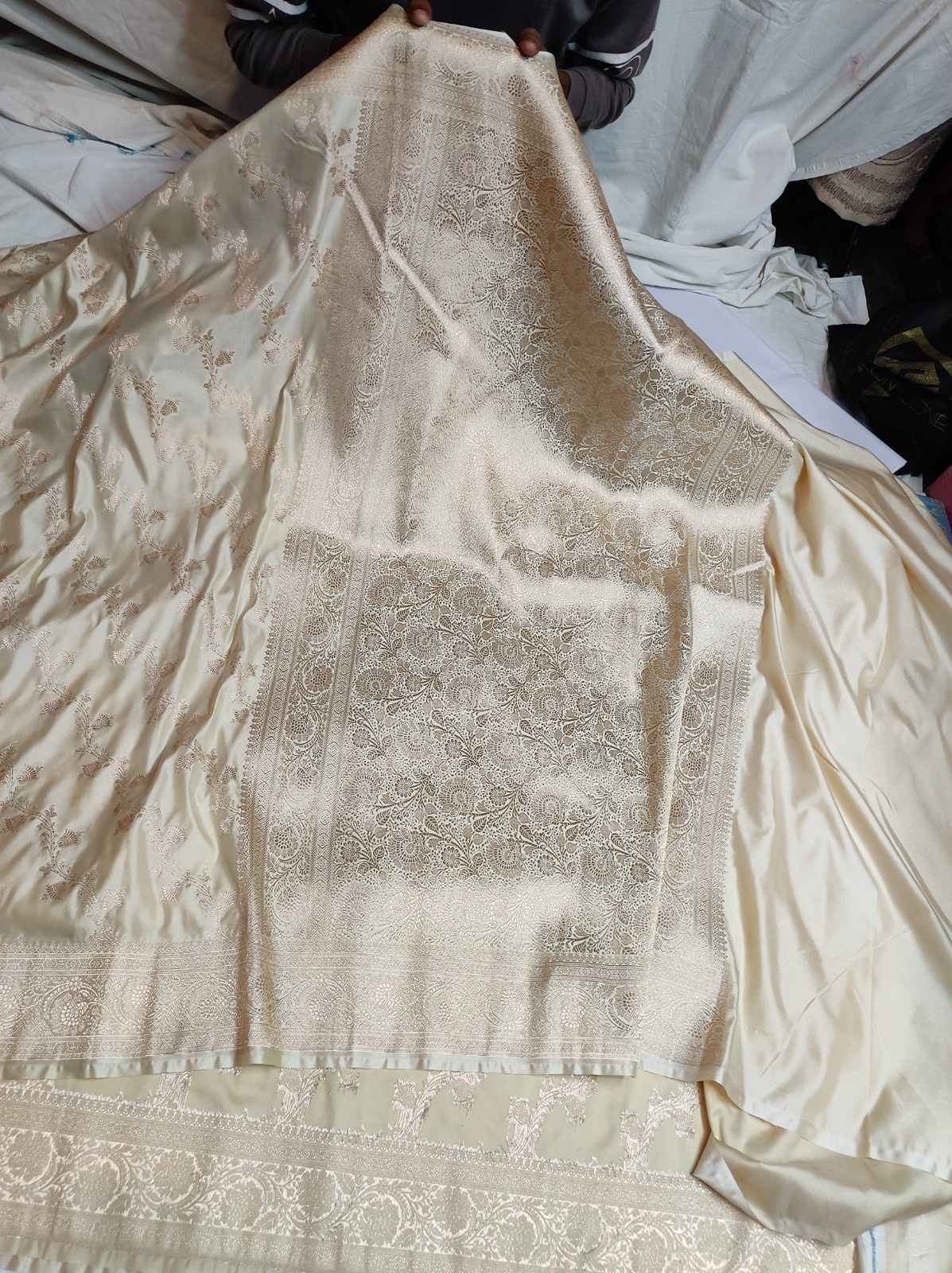 Cream Banarasi Mashru Katan Silk Saree with All Over Zari Buti, Rich Border & Pallu | Banarasi Textiles