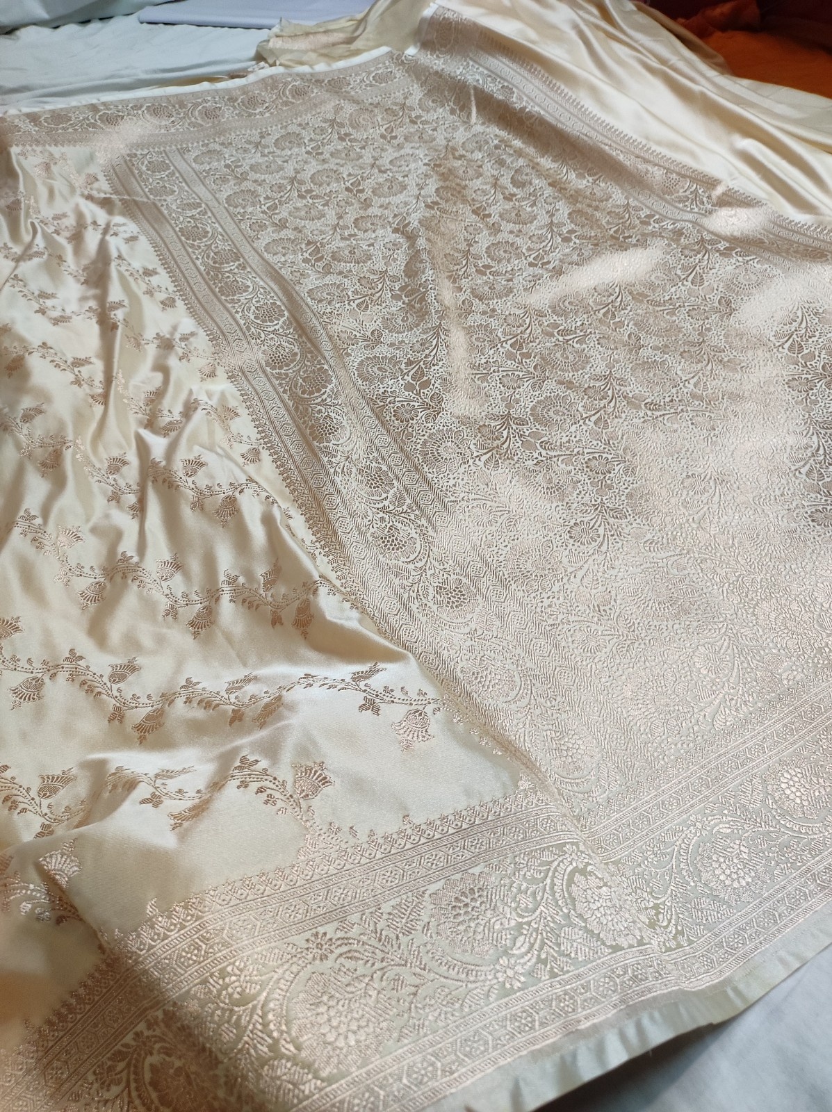 Cream Banarasi Mashru Katan Silk Saree with All Over Zari Buti, Rich Border & Pallu | Banarasi Textiles