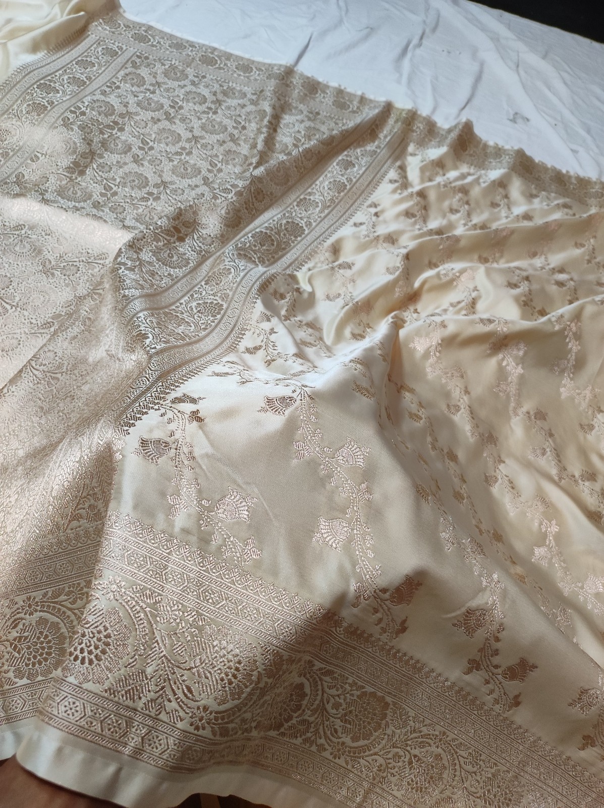Cream Banarasi Mashru Katan Silk Saree with All Over Zari Buti, Rich Border & Pallu | Banarasi Textiles