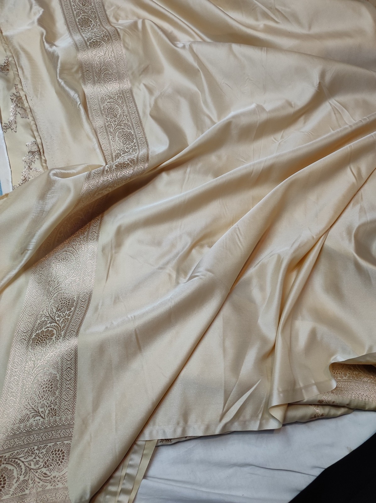 Cream Banarasi Mashru Katan Silk Saree with All Over Zari Buti, Rich Border & Pallu | Banarasi Textiles