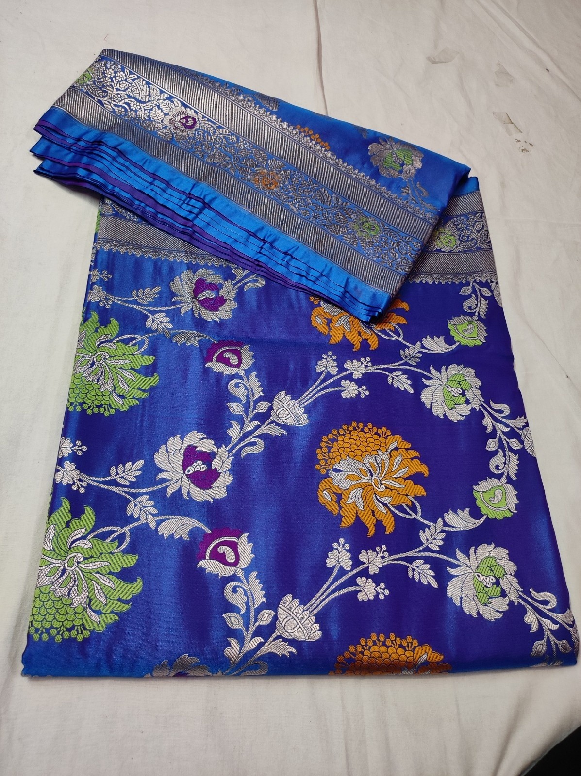 Blue Purple Dual Tone Banarasi Mashru Katan Jaal Saree with Multicolor Meena Work & Rich Border | Banarasi Textiles