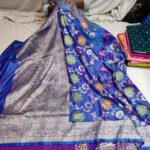 Blue Purple Dual Tone Banarasi Mashru Katan Jaal Saree with Multicolor Meena Work & Rich Border | Banarasi Textiles