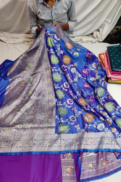 Blue Purple Dual Tone Banarasi Mashru Katan Jaal Saree with Multicolor Meena Work & Rich Border | Banarasi Textiles