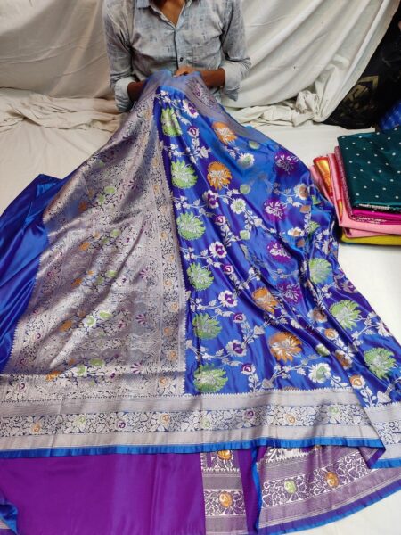 Blue Purple Dual Tone Banarasi Mashru Katan Jaal Saree with Multicolor Meena Work & Rich Border | Banarasi Textiles
