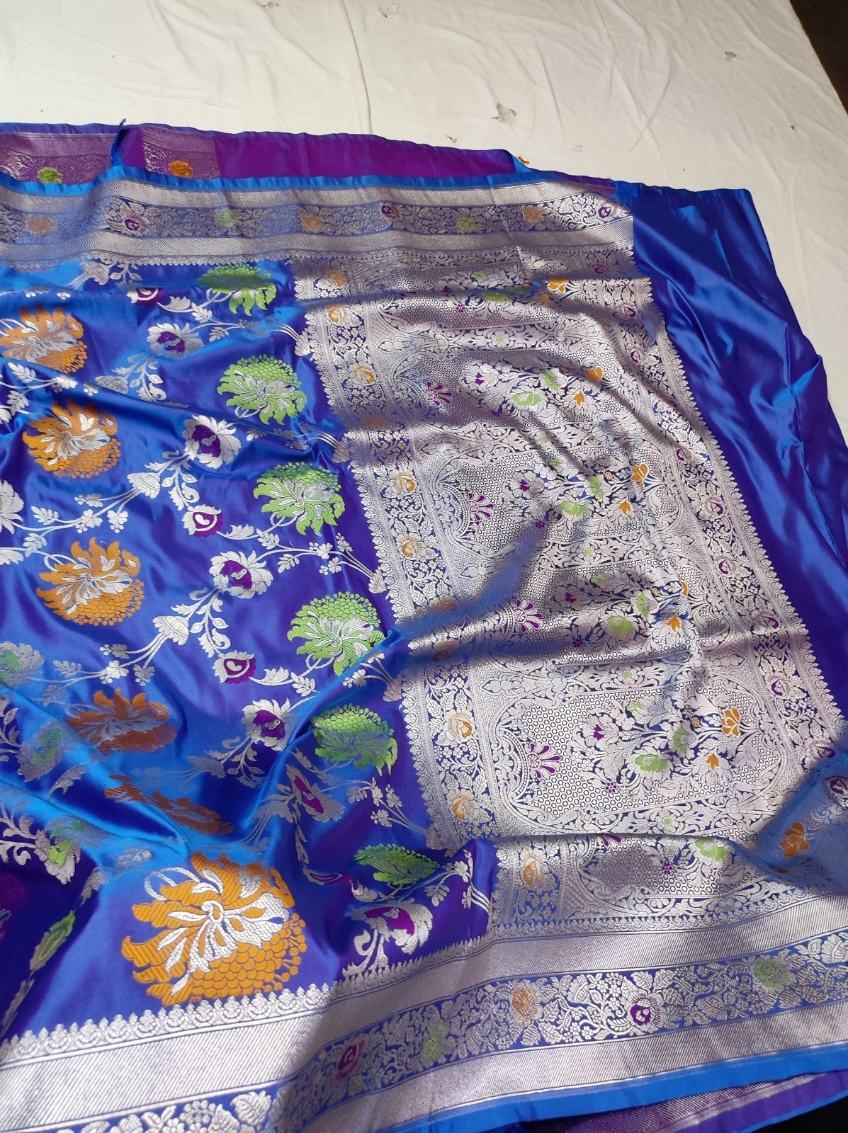 Blue Purple Dual Tone Banarasi Mashru Katan Jaal Saree with Multicolor Meena Work & Rich Border | Banarasi Textiles