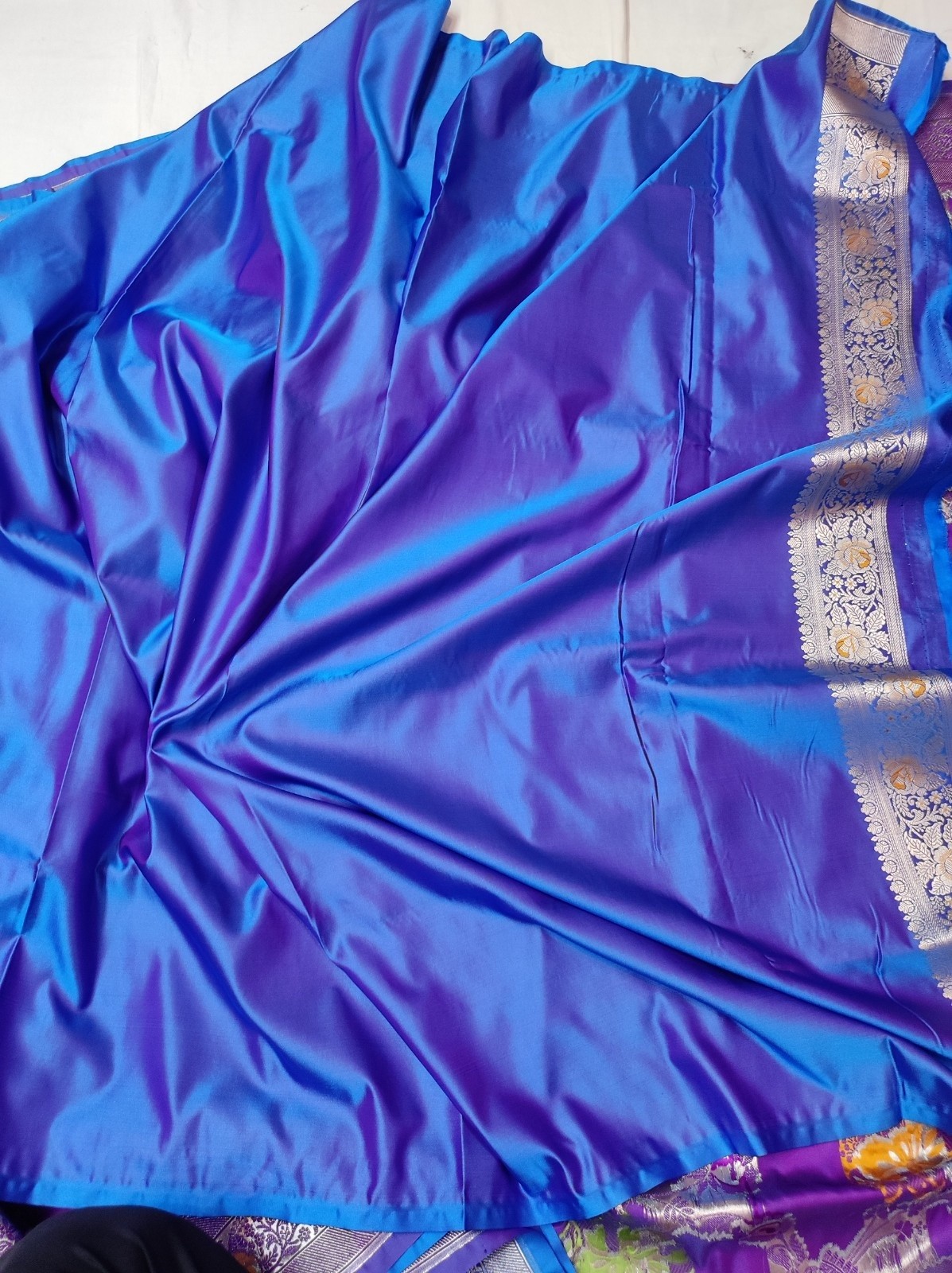 Blue Purple Dual Tone Banarasi Mashru Katan Jaal Saree with Multicolor Meena Work & Rich Border | Banarasi Textiles