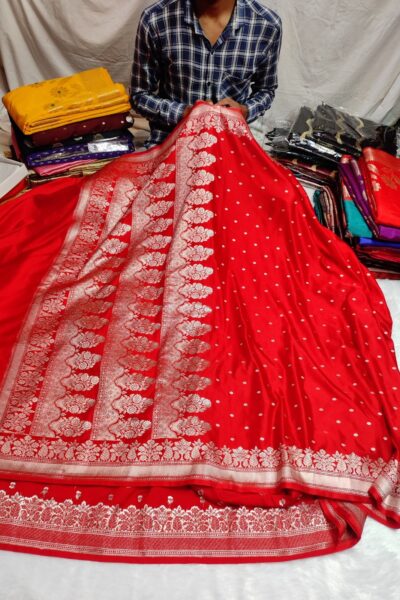 Banarasi Mashru Katan Red Silk Saree with Rich Zari Weaving Border
