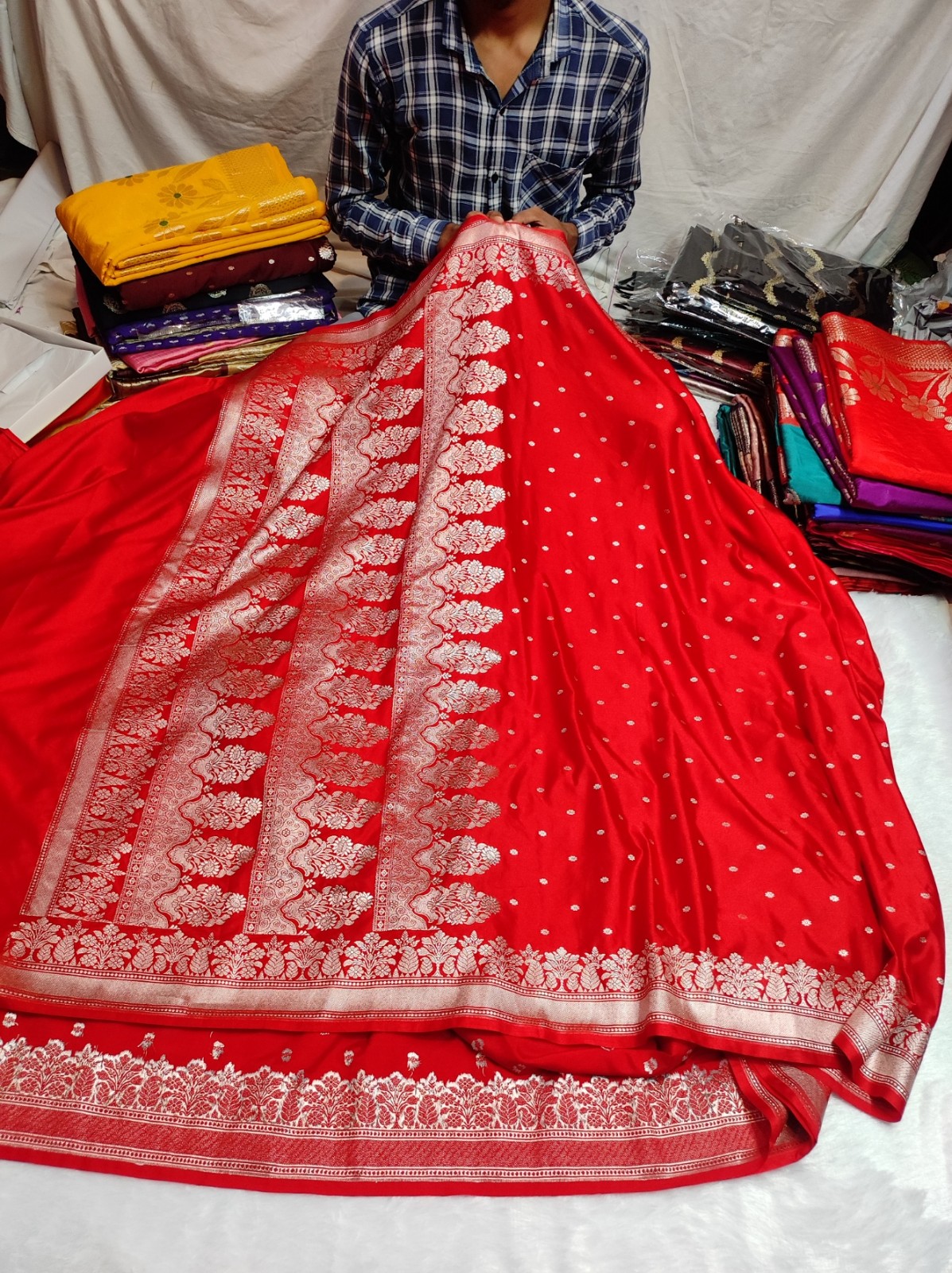 Banarasi Mashru Katan Red Silk Saree with Rich Zari Weaving Border