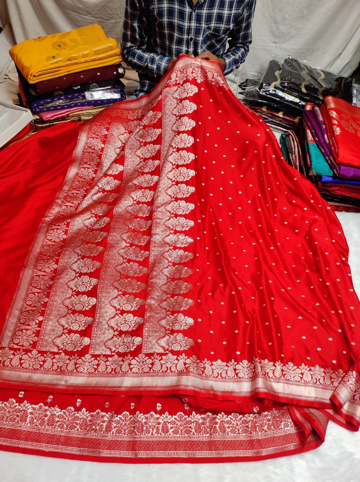 Banarasi Mashru Katan Red Silk Saree with Rich Zari Weaving Border