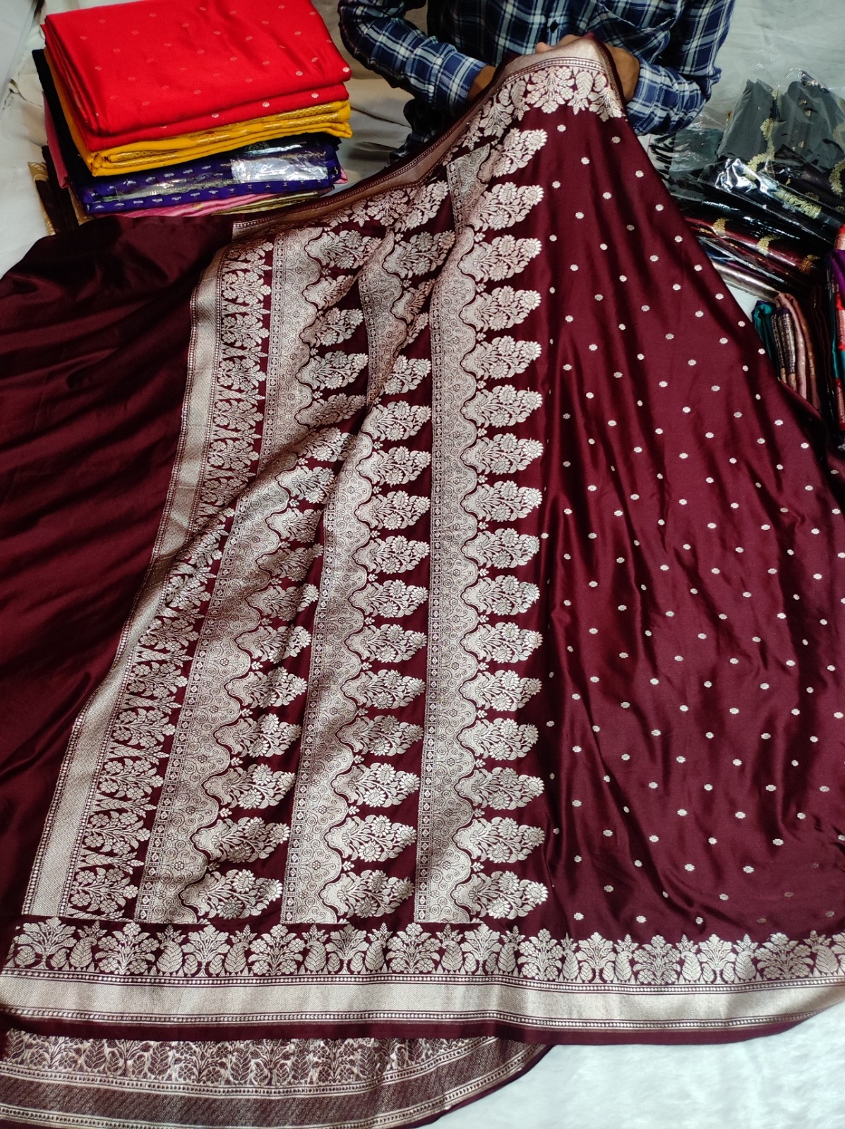 Banarasi Mashru Katan Silk Saree with Rich Zari Border & Pallu | Banarasi Textiles