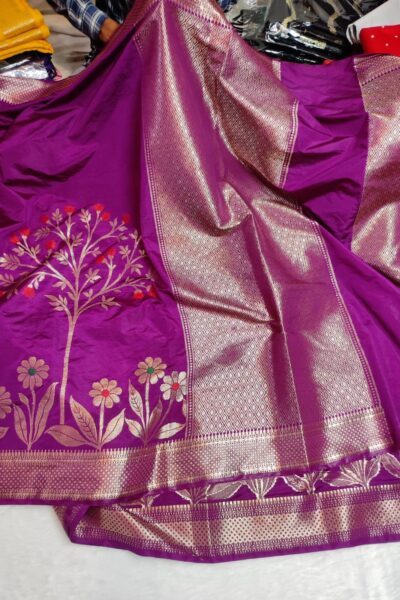 Purple Banarasi Semi Katan Minakari Buta Saree with Zari Brocade Blouse