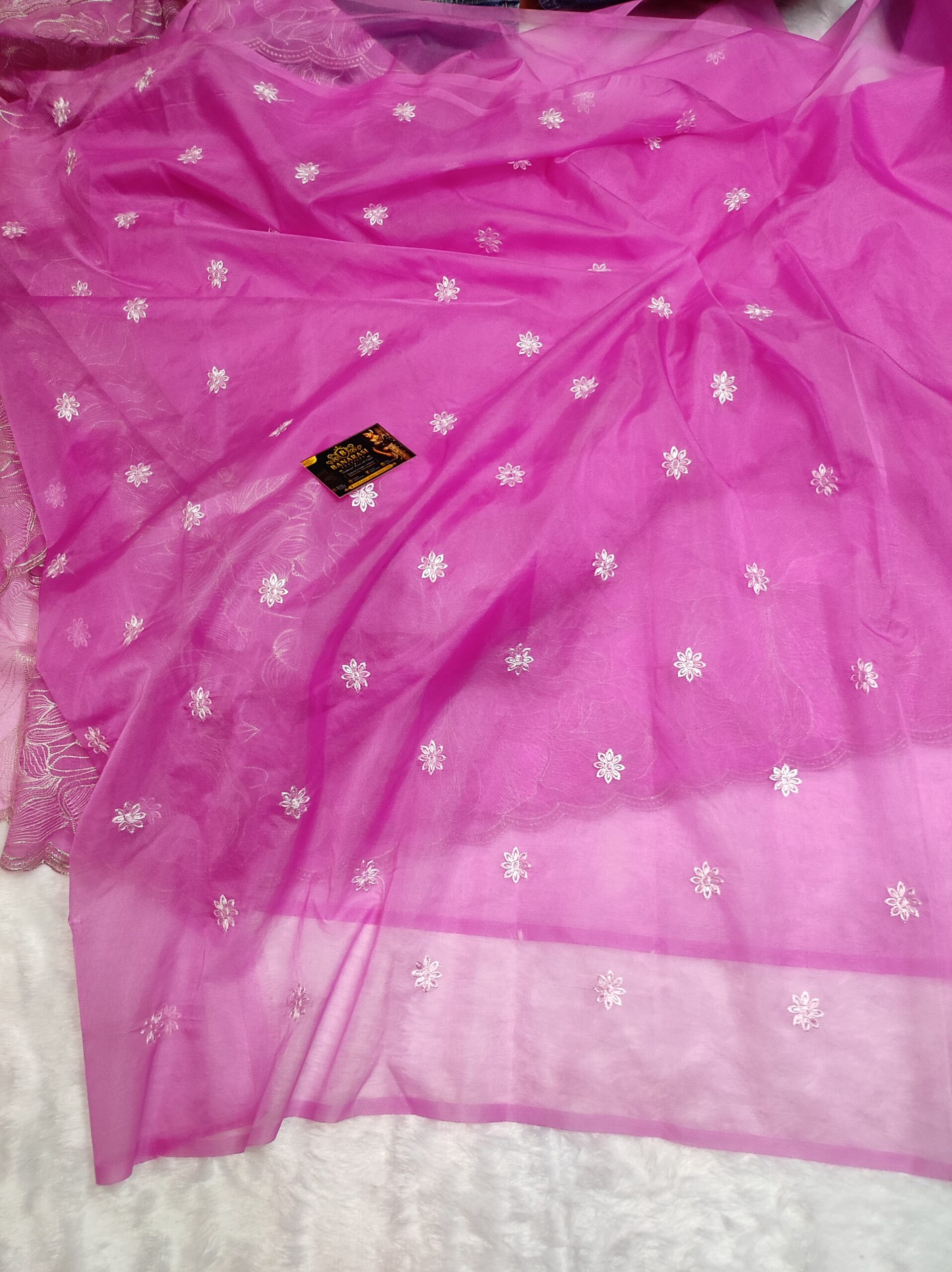 Semi Organza Turkish Embroidery Saree | Pink Floral Embroidered Saree