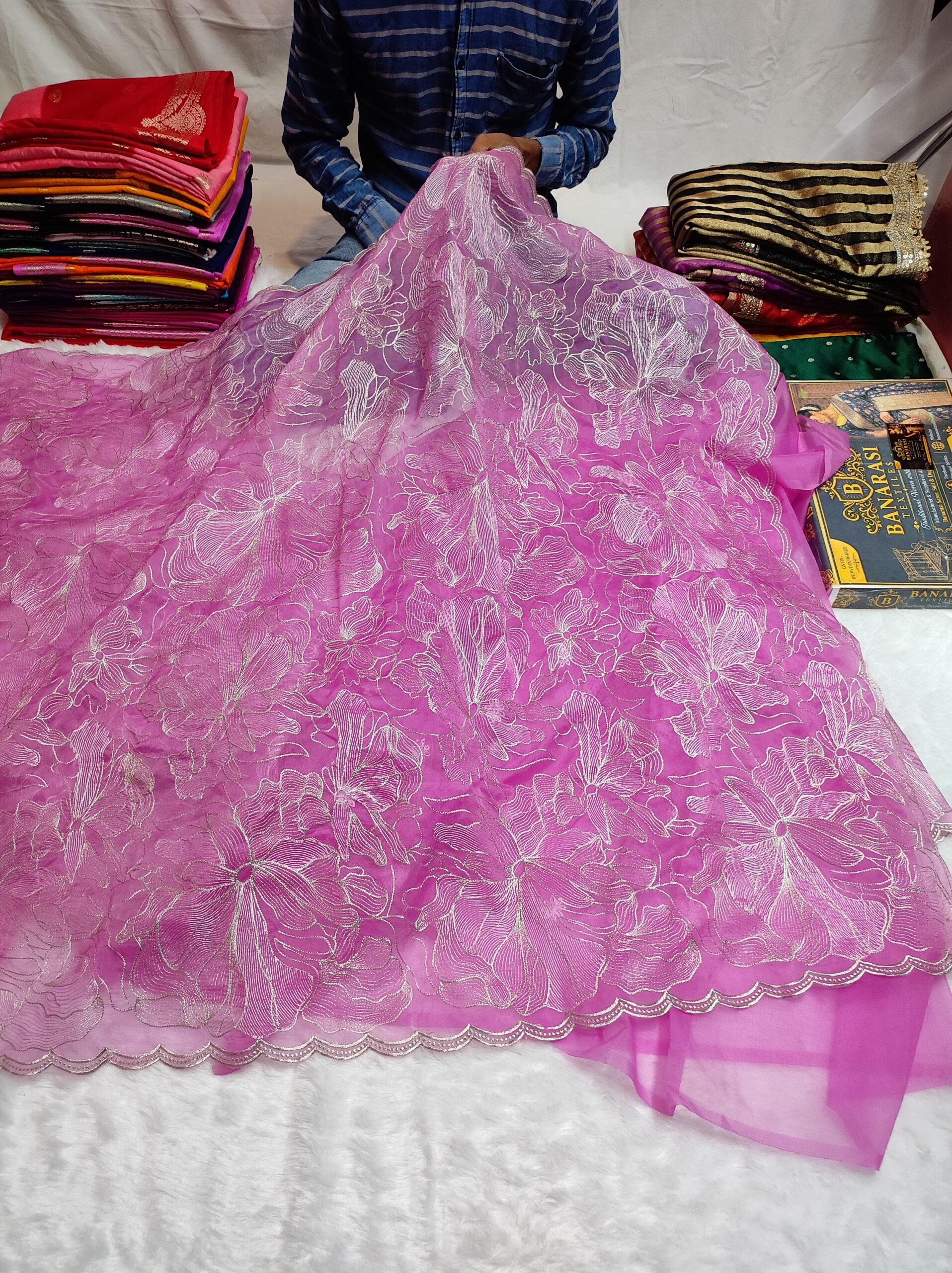 Semi Organza Turkish Embroidery Saree | Pink Floral Embroidered Saree