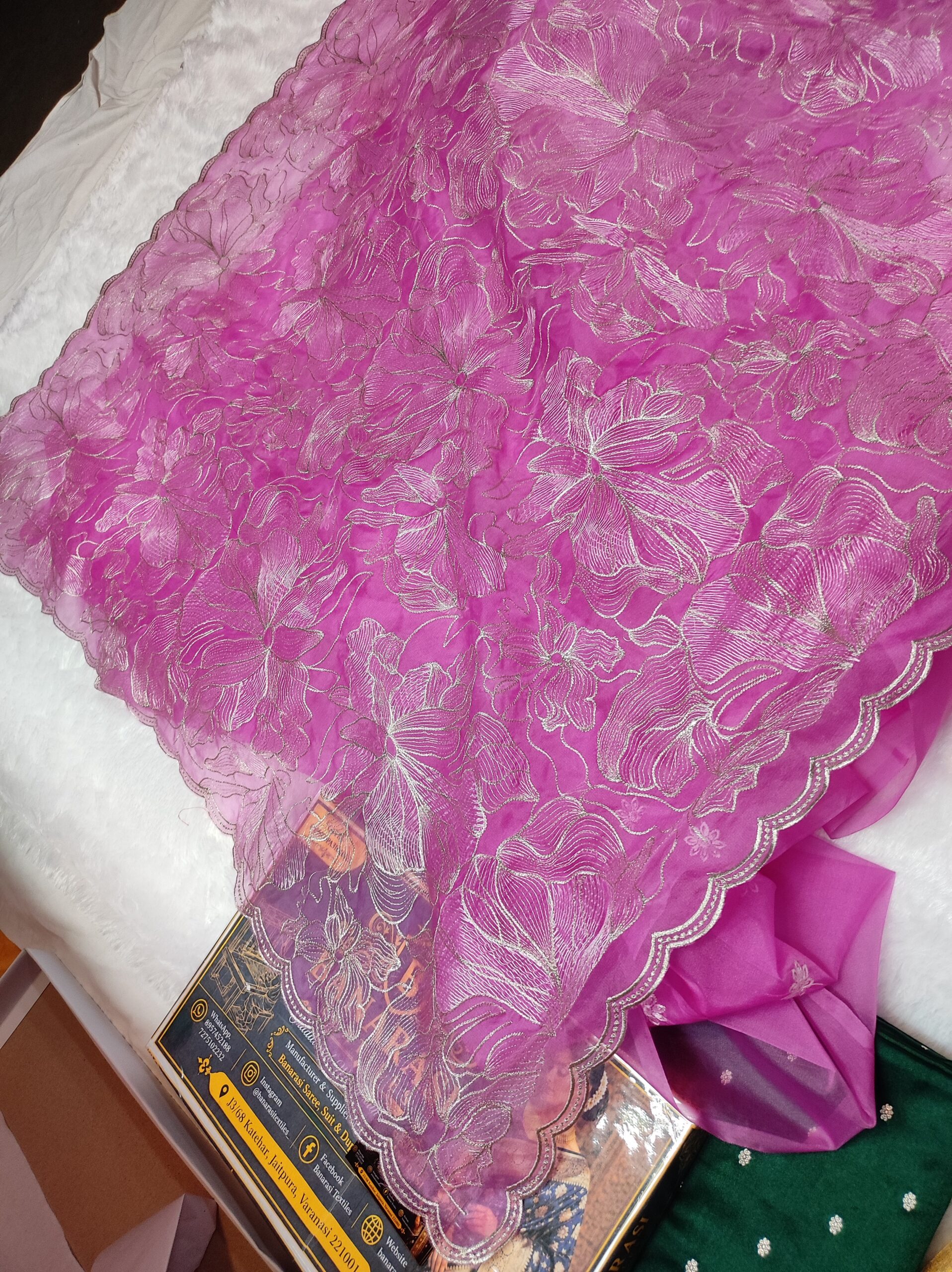 Semi Organza Turkish Embroidery Saree | Pink Floral Embroidered Saree