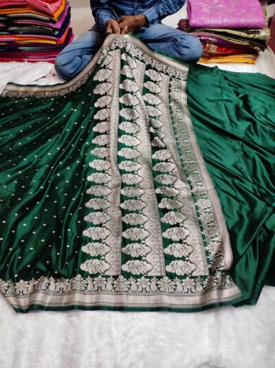 Banarasi Mashru Katan Small Buti Saree with Rich Pallu & Plain Blouse | Emerald Green