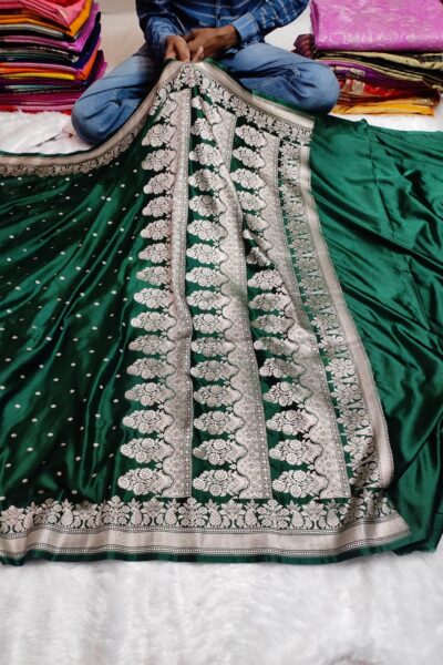 Banarasi Mashru Katan Small Buti Saree with Rich Pallu & Plain Blouse | Emerald Green