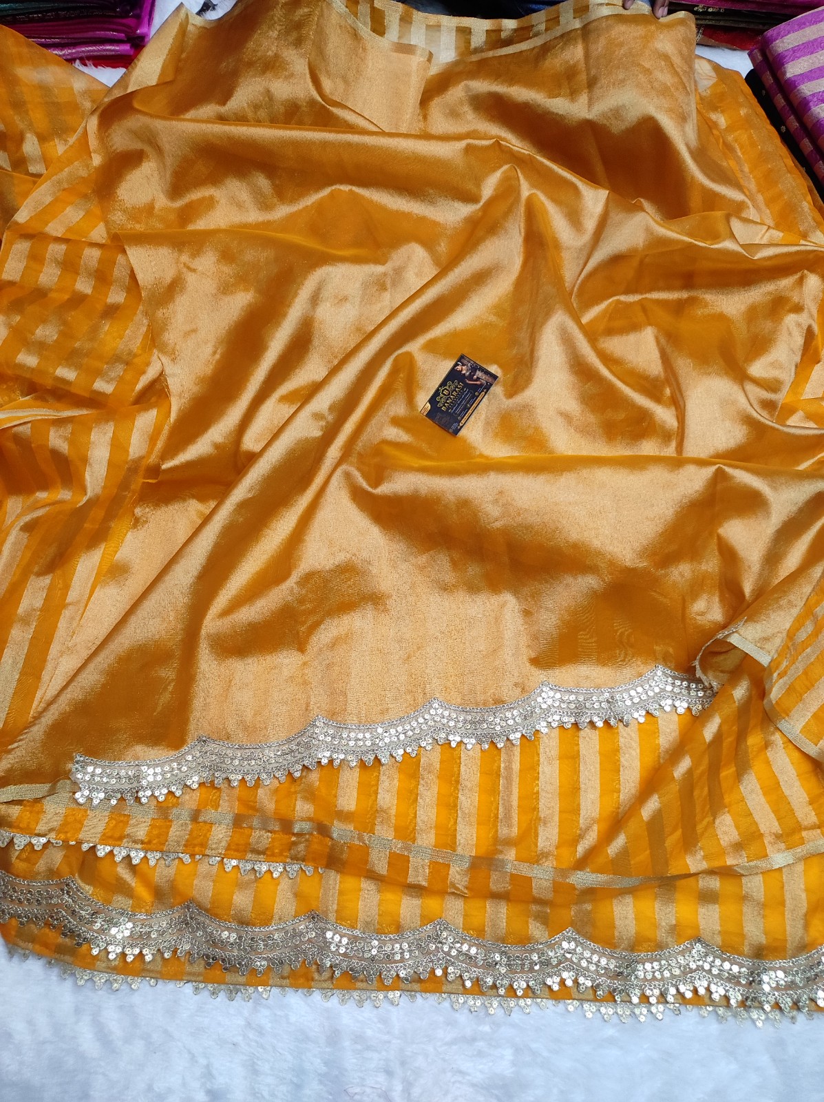 Banarasi Semi Tissue Organza Saree with Lace Border & Plain Tissue Blouse
