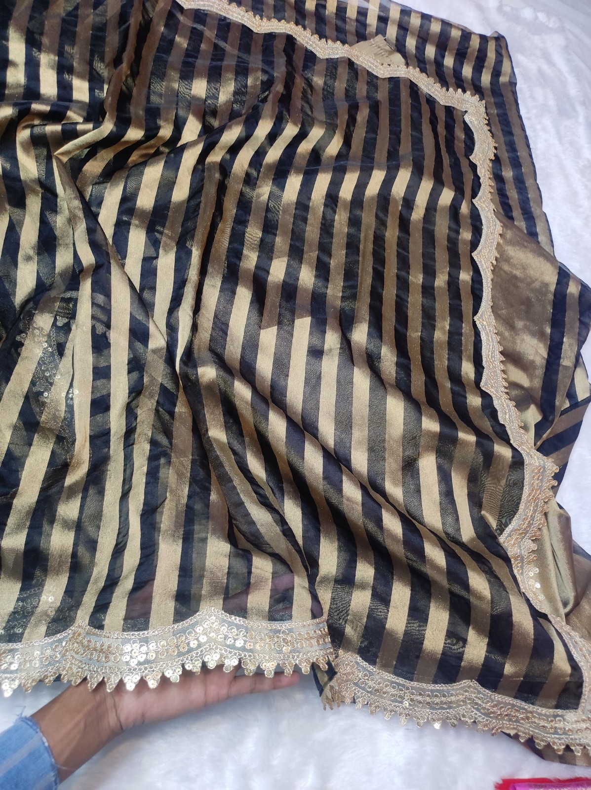 Banarasi Tissue Organza Saree with Lace Border | Black & Gold Striped Saree