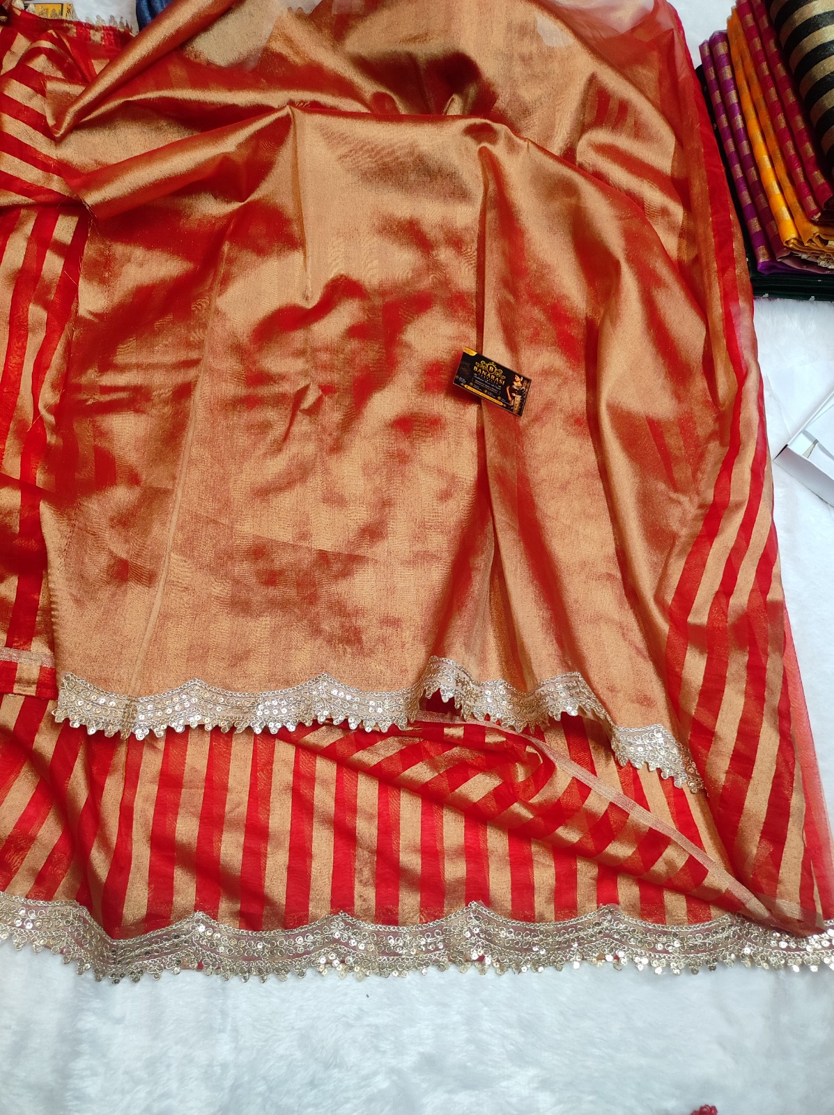 Banarasi Tissue Organza Saree Red & Gold | Lace Border Work with Plain Blouse