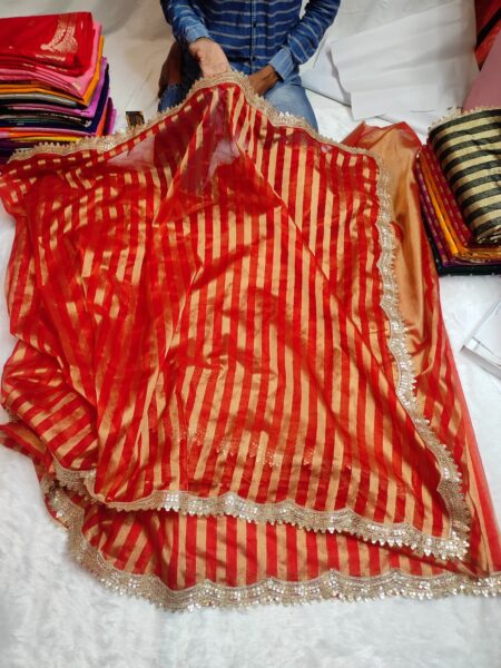 Banarasi Tissue Organza Saree Red & Gold | Lace Border Work with Plain Blouse