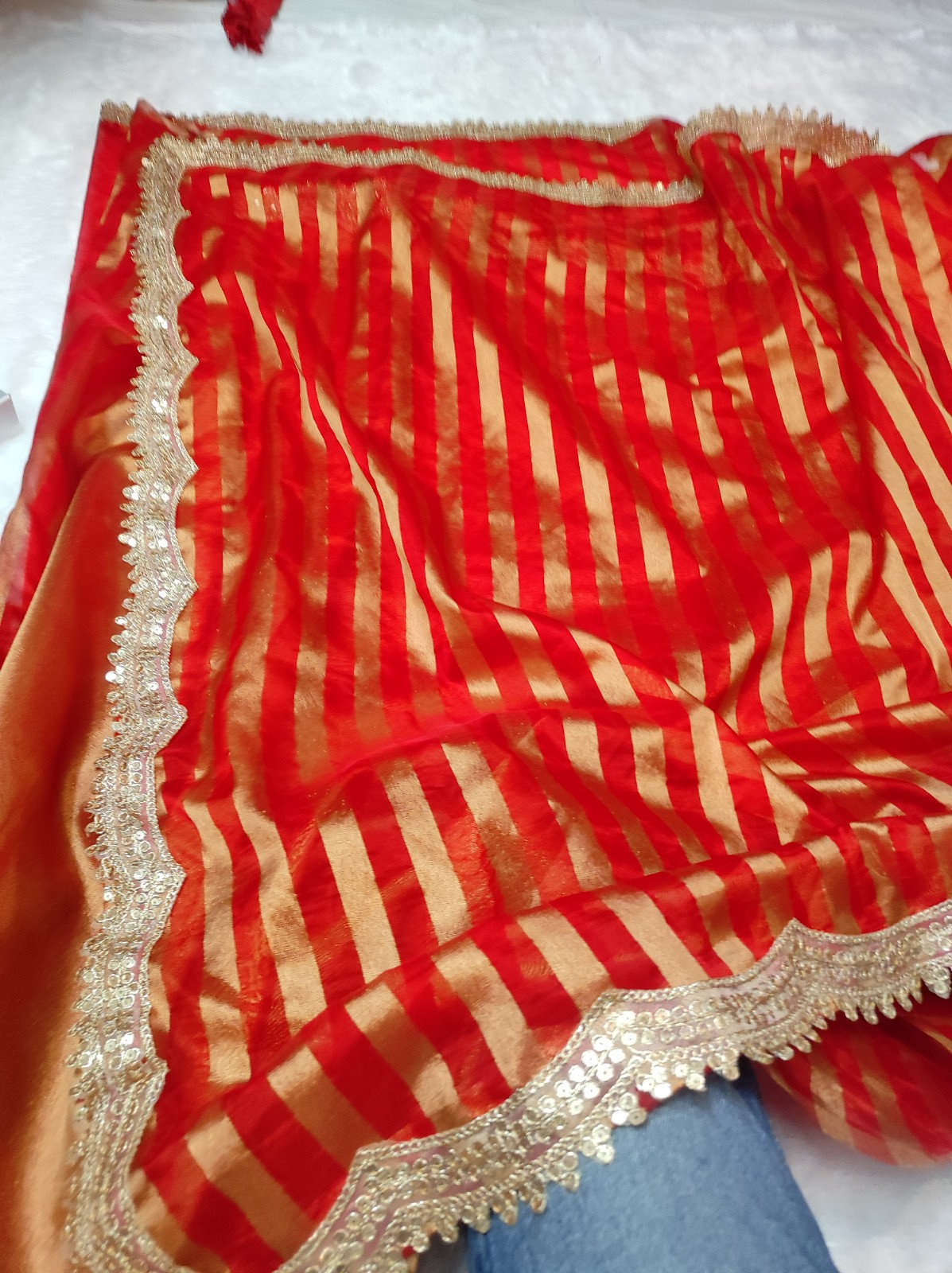 Banarasi Tissue Organza Saree Red & Gold | Lace Border Work with Plain Blouse