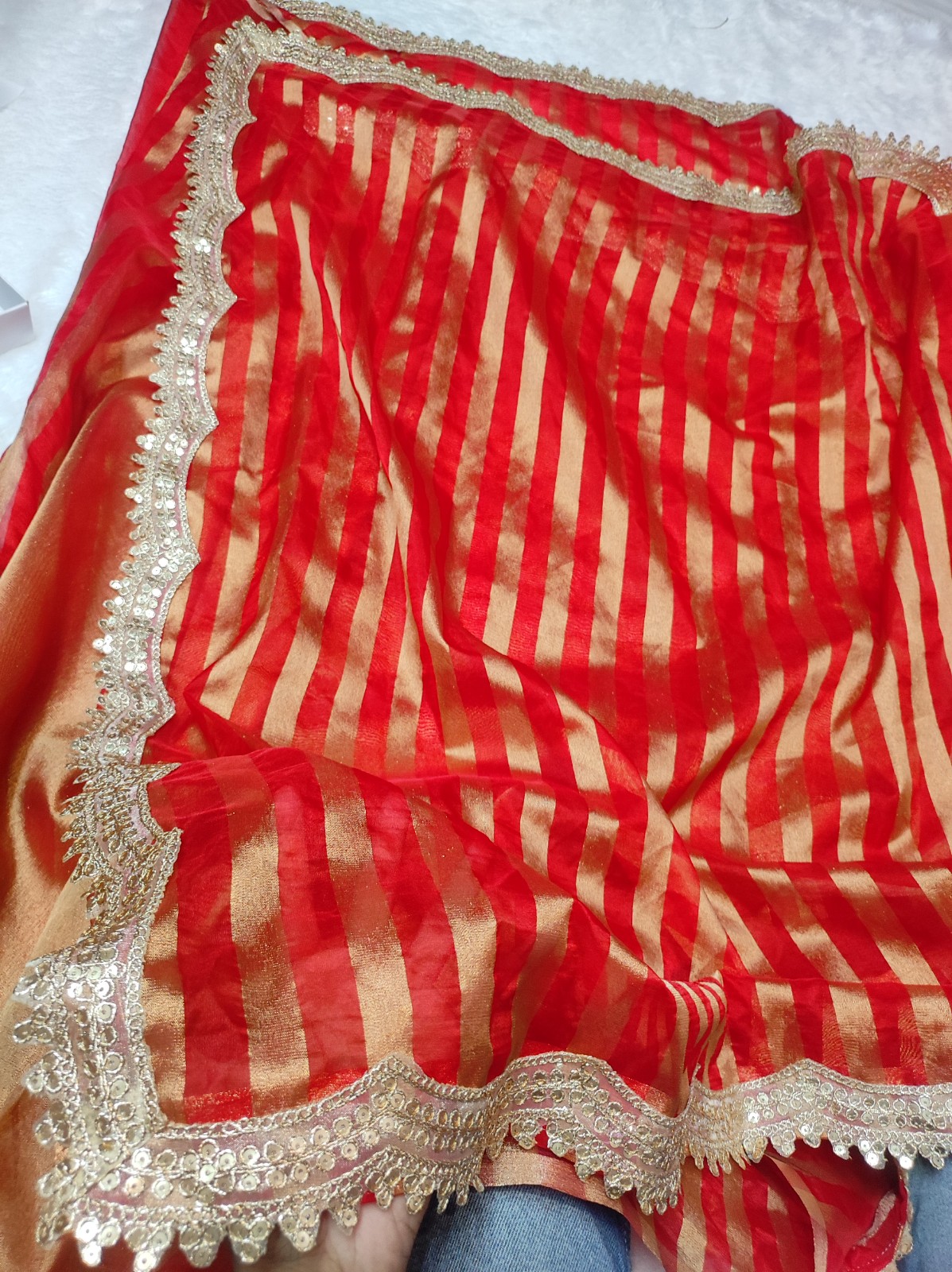 Banarasi Tissue Organza Saree Red & Gold | Lace Border Work with Plain Blouse