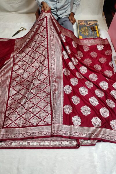 Banarasi Mashru Katan Silk Saree | Allover Silver & Gold Zari Buta | Maroon Saree