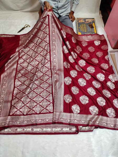 Banarasi Mashru Katan Silk Saree | Allover Silver & Gold Zari Buta | Maroon Saree