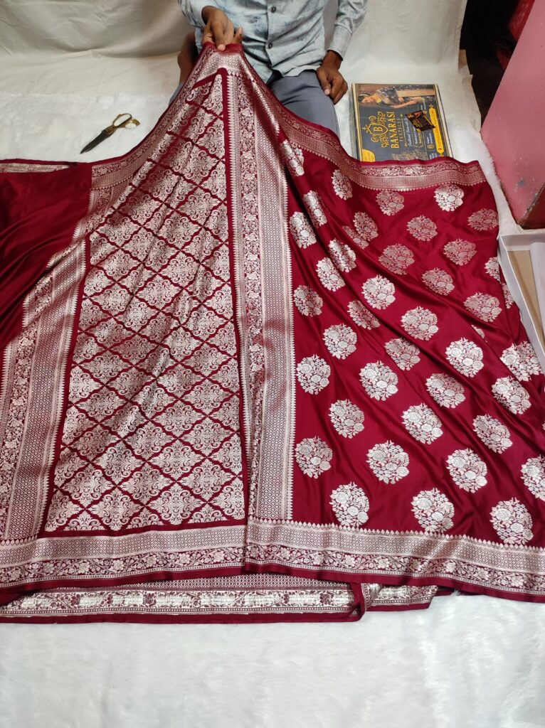 Banarasi Mashru Katan Silk Saree | Allover Silver & Gold Zari Buta | Maroon Saree