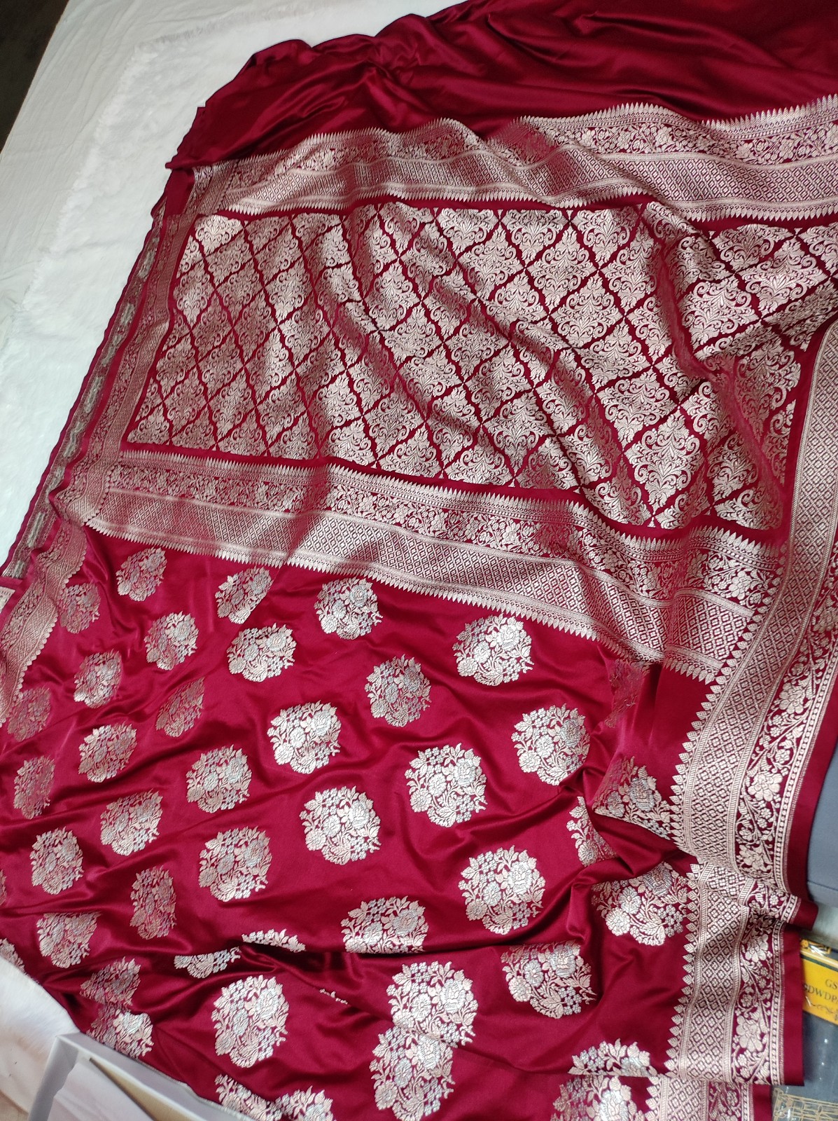 Banarasi Mashru Katan Silk Saree | Allover Silver & Gold Zari Buta | Maroon Saree
